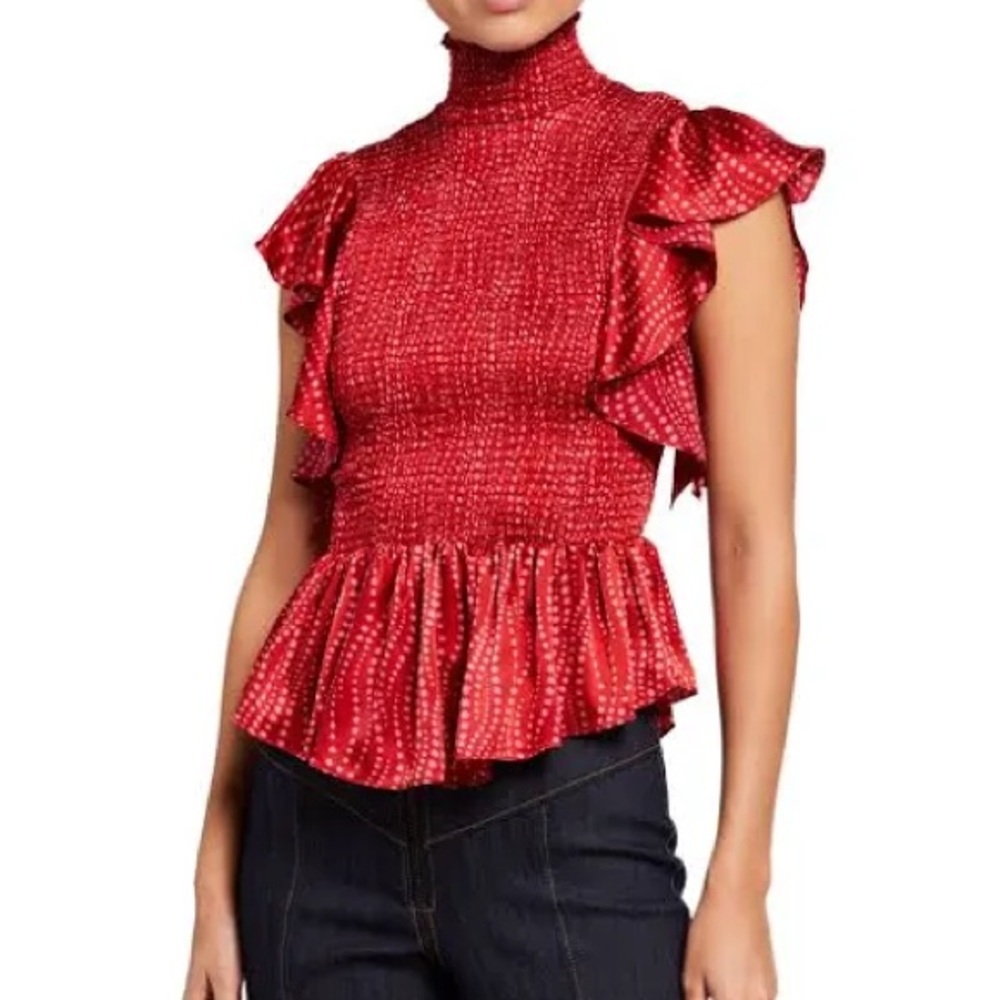 Cinq a Sept Kimiko Smocked Silk Top Red Flutter Sleeve Valentine’s Day Holiday